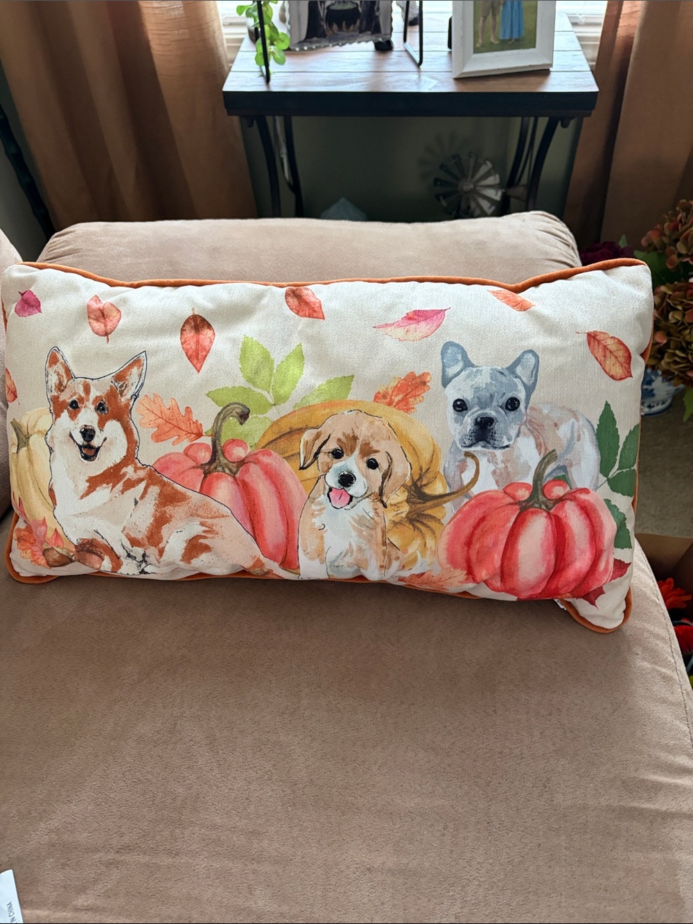 Autumn Dogs Decorative Lumbar Pillow - Orange & Cream